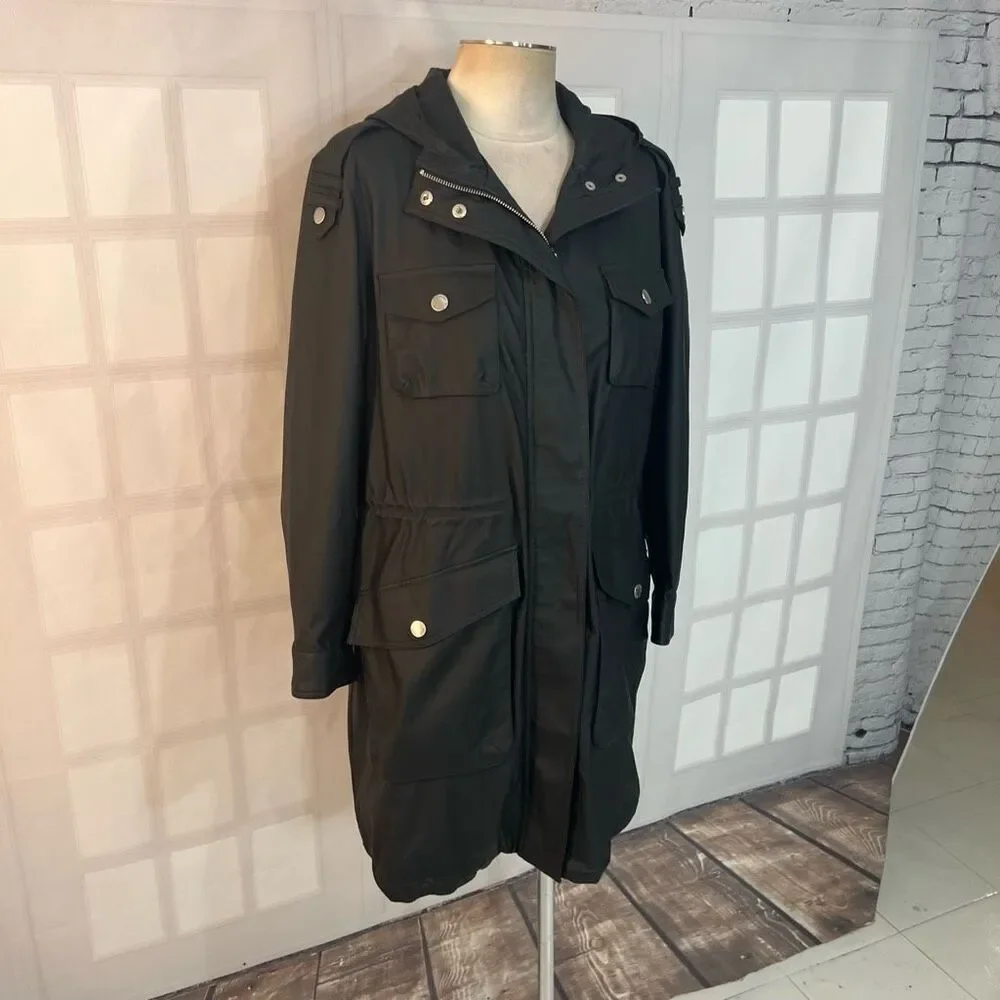 BCBGeneration Black Full Zip Hooded Lined Leather Look Jacket Size Large - Picture 2 of 10